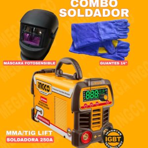 SOLDADORA 250A INGCO + MASCARA FOTOSENSIBLE + GUANTES