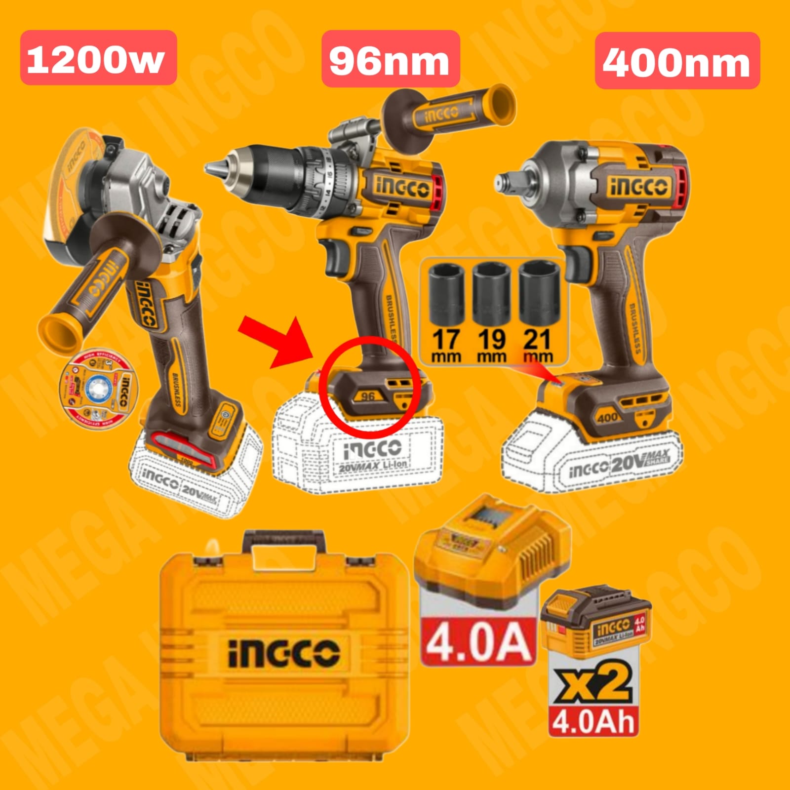 KIT 3 EN 1 INGCO AMOLDARA 1200W + TALADRO 96NM + LLAVE DE IMPACTO 400NM