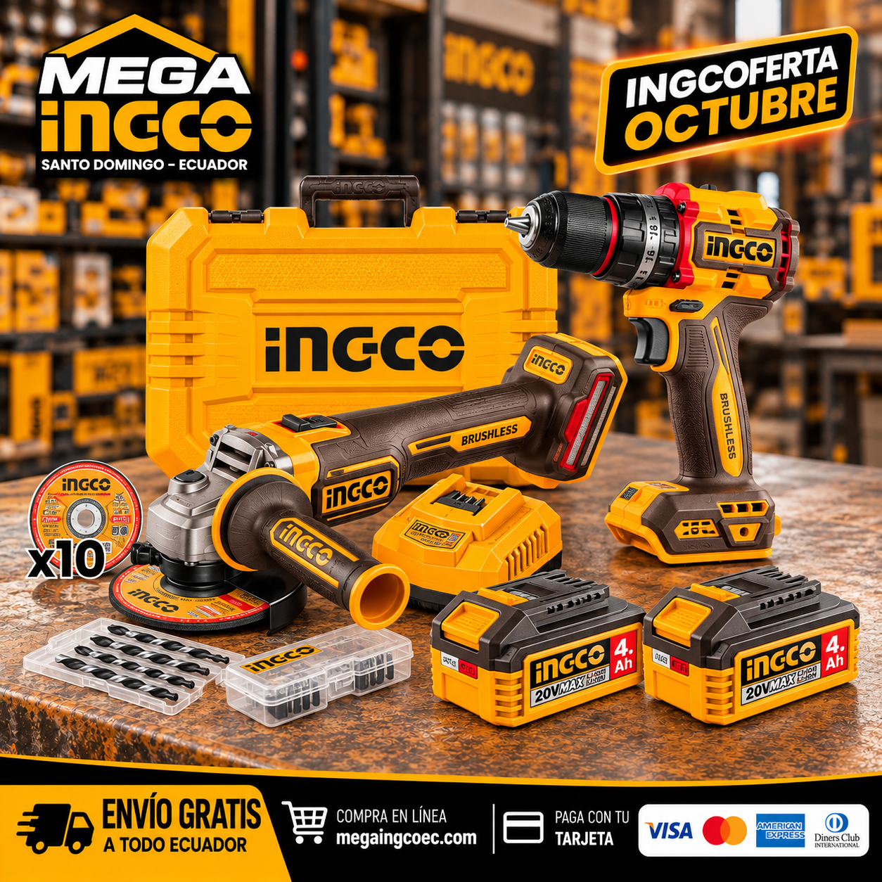 Combo INGCO 20V Brushless Taladro 66Nm + Amoladora 4-1/2″ – UCKLI20256