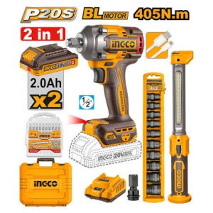 Llave de Impacto Inalámbrica INGCO 20V 405Nm + Lámpara y Dados