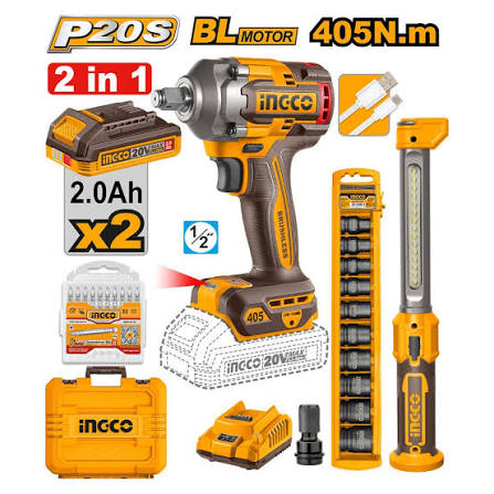 Llave de Impacto Inalámbrica INGCO 20V 405Nm + Lámpara y Dados