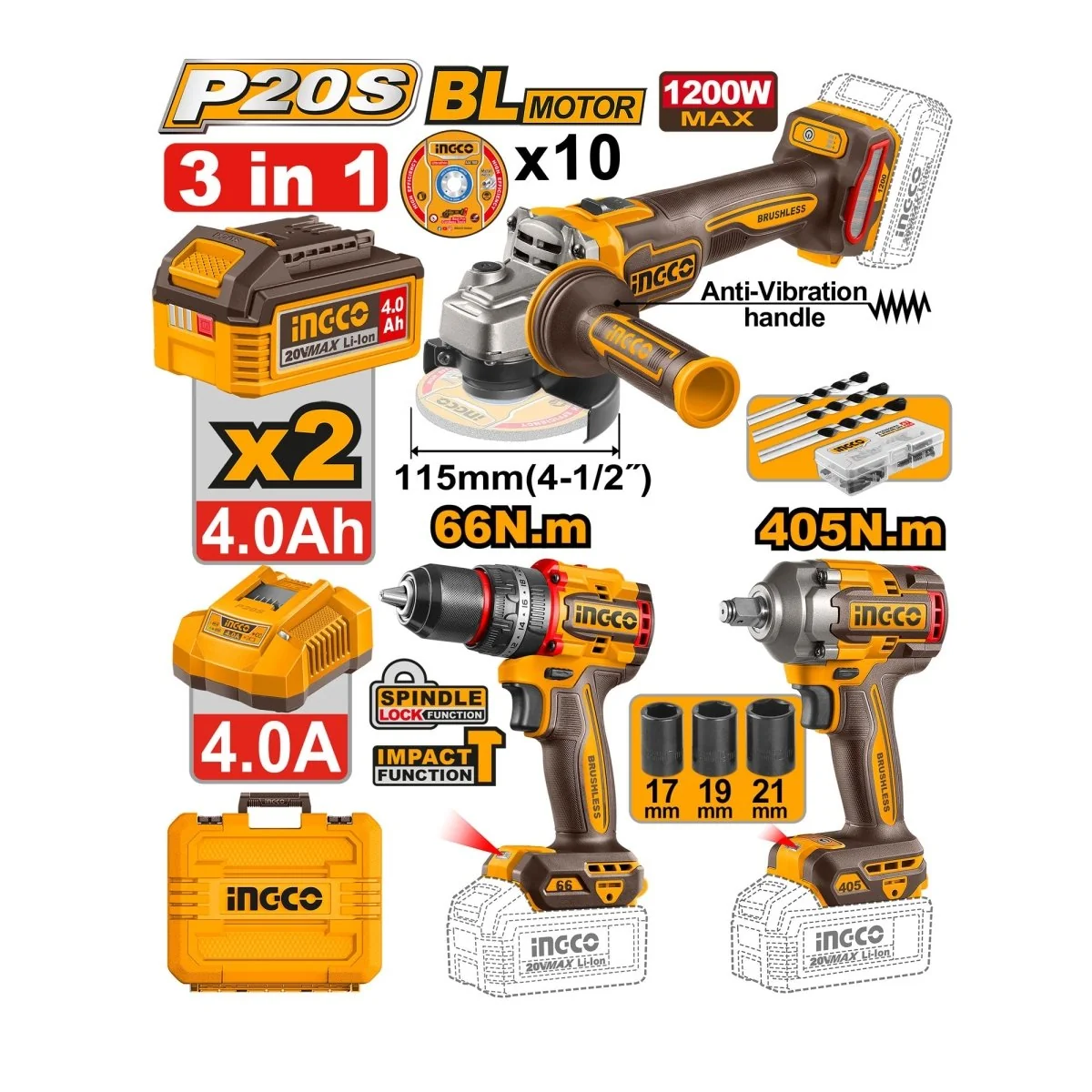 Combo 3 en 1 INGCO 3 Piezas Brushless 20V – Taladro + Llave de Impacto + Amoladora