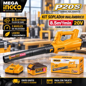 Kit Soplador Inalámbrico INGCO 20V 8,5 m³/min + Batería 4Ah + Cargador – CABLI20323K