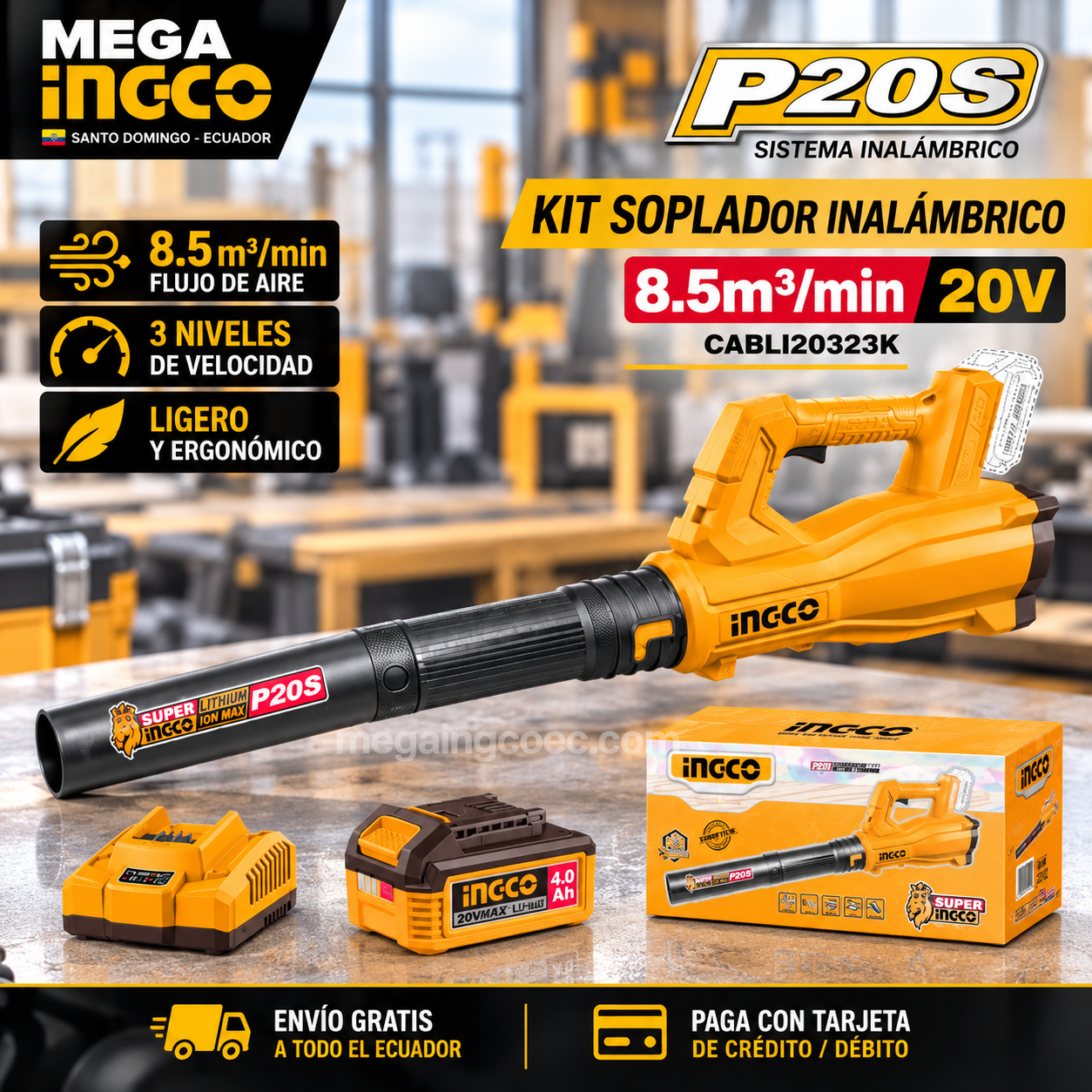 Kit Soplador Inalámbrico INGCO 20V 8,5 m³/min + Batería 4Ah + Cargador – CABLI20323K