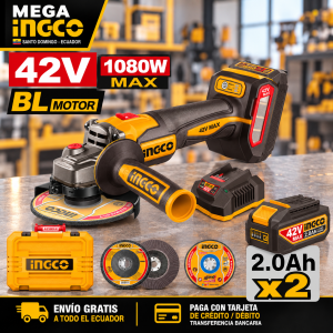 Amoladora Angular INGCO 42V MAX Brushless 1080W 4-1/2″ + 2 Baterías – UCAGLI4108112