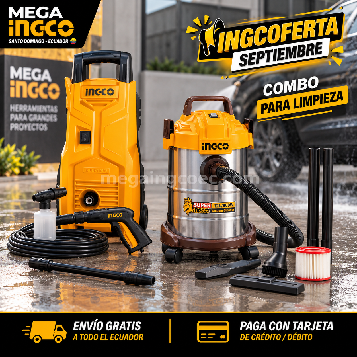 Combo Hidrolavadora INGCO 1200W + Aspiradora INGCO 800W 12L