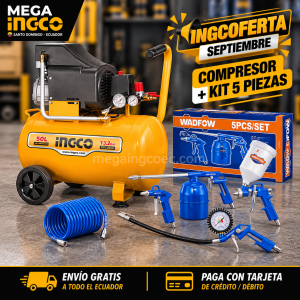 Compresor de Aire INGCO 2.5HP 50L + Kit 5 Piezas WADFOW