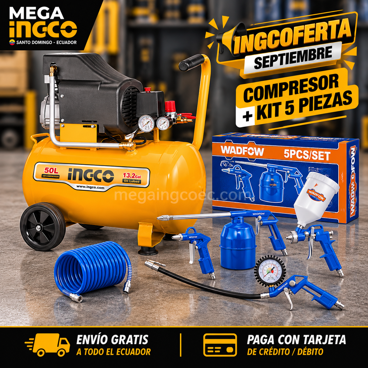 Compresor de Aire INGCO 2.5HP 50L + Kit 5 Piezas WADFOW