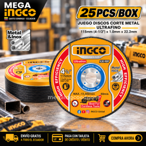 Discos de Corte Ultrafinos INGCO 4-1/2″ Metal e Inox – 25 Unidades MCD11011525