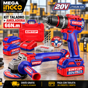 Kit EMTOP 20V Taladro Percutor 66Nm + Amoladora 4-1/2″ Brushless + 2 Baterías 4Ah – ULCKL20256