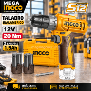 Taladro Atornillador Inalámbrico INGCO 12V 20Nm + 2 Baterías 1.5Ah – CDLI12206