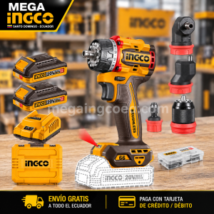 Taladro Inalámbrico 4 Cabezales INGCO 20V Brushless 66Nm  + 2 Baterías – UCDLI206686
