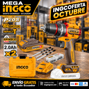 Taladro Percutor Inalámbrico INGCO 20V Brushless 76Nm + 2 Baterías – UCIDLI207686